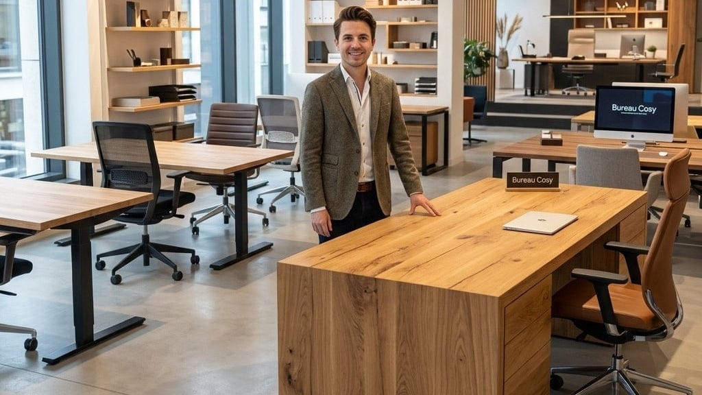 Thomas, de l'entreprise Bureau Cosy, présente une gamme de bureaux en bois naturel dans un showroom moderne et lumineux. On aperçoit des bureaux de direction en bois massif, des chaises ergonomiques et un éclairage design de style industriel.