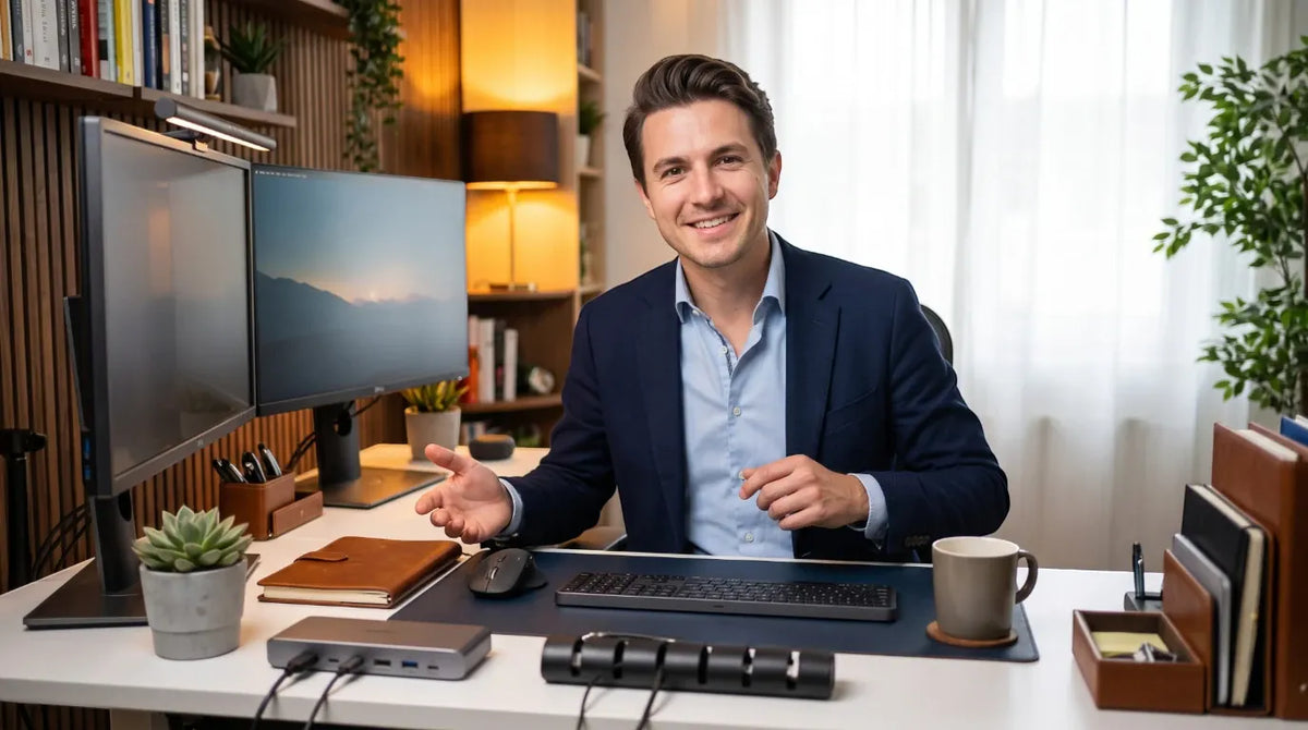 Thomas, expert en ergonomie Bureau Cosy, présentant une sélection d'accessoires de bureau et d'équipements pour un setup de télétravail complet.