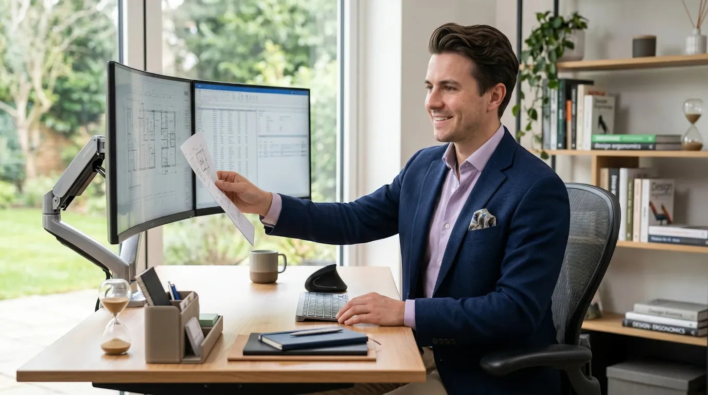 Thomas, expert en ergonomie chez Bureau Cosy, analyse des plans dans son home office équipé d'un double écran sur bras articulé, d'une souris verticale et d'un bureau assis-debout en bois.