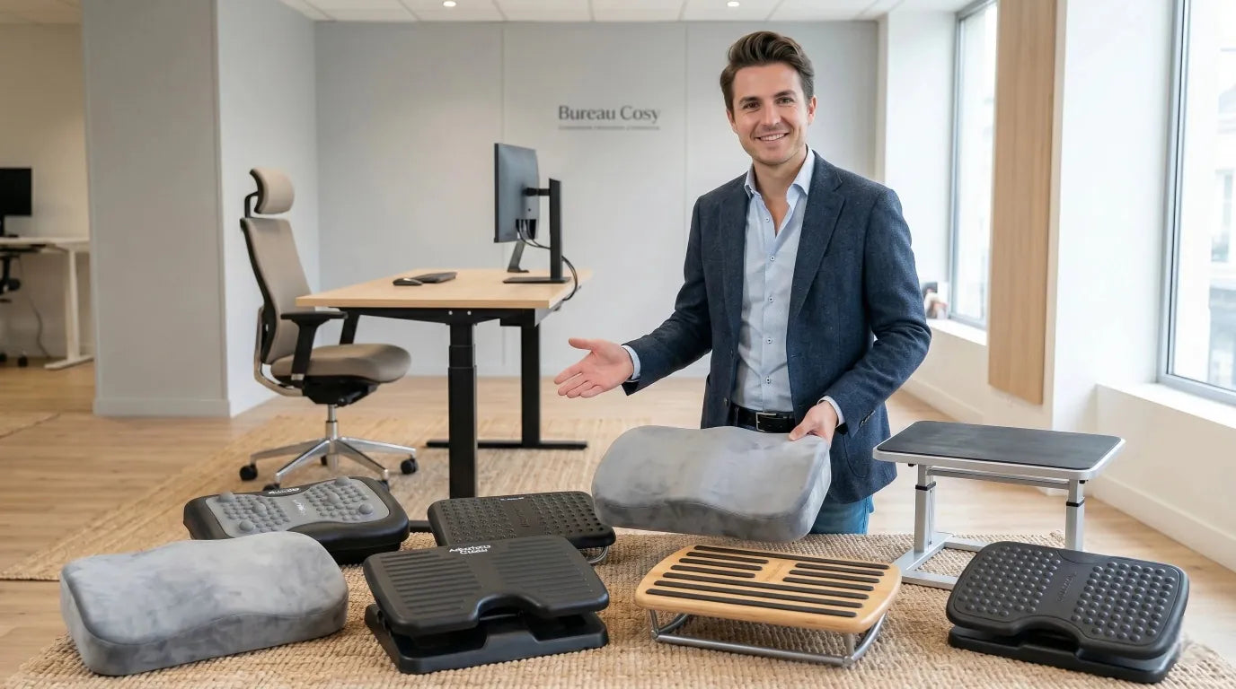 Thomas, expert en ergonomie chez Bureau Cosy, présente une gamme de repose-pieds variés (mousse à mémoire de forme, bois et modèles réglables) dans un showroom avec un bureau assis-debout en arrière-plan.