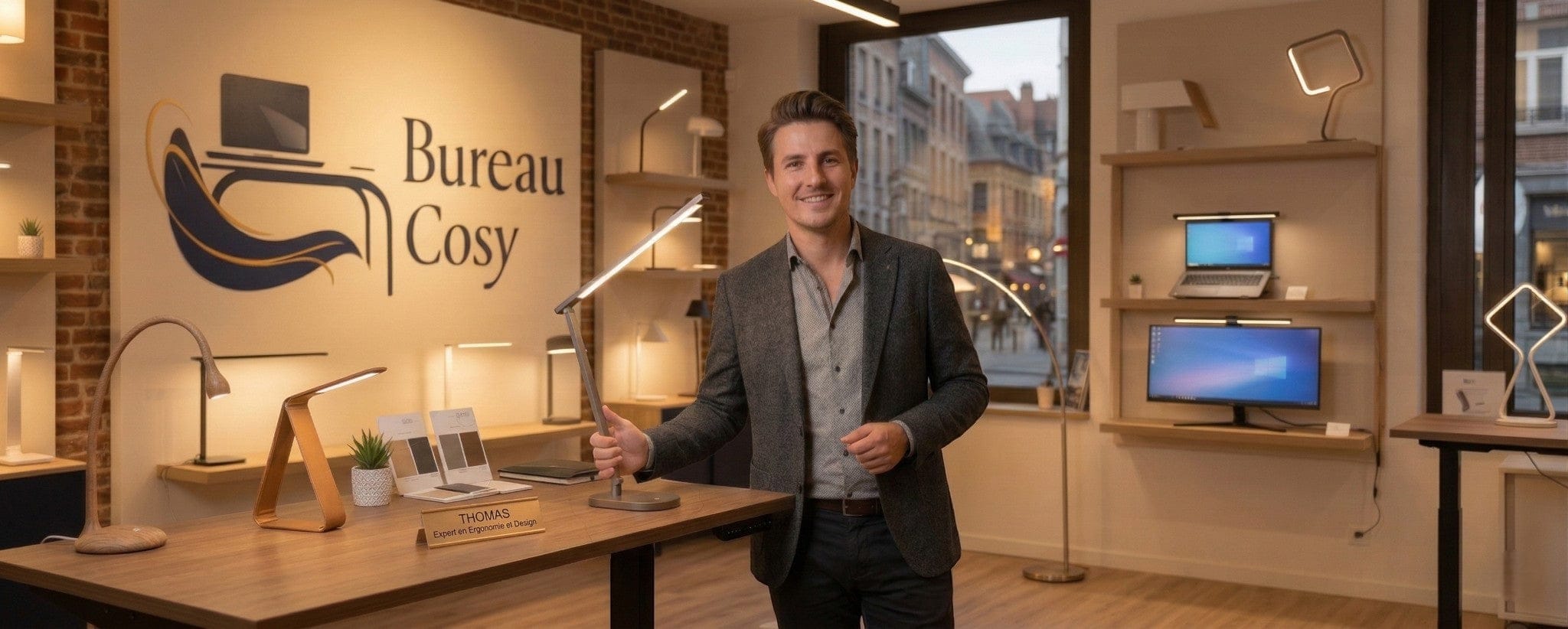 Thomas, expert en ergonomie chez Bureau Cosy, présentant une sélection de lampes de bureau professionnelles dans un showroom moderne : lampe articulée, barre d’écran (screenbar), lampe flexible et modèles LED haute performance.