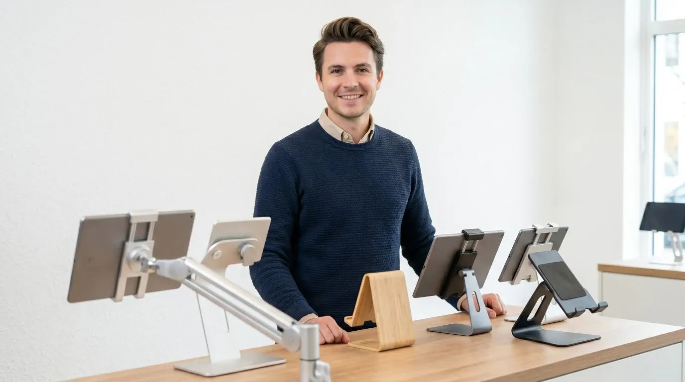Thomas, expert en design et ergonomie chez Bureau Cosy, présentant une sélection de supports pour tablette (modèles articulés, pliables et sur pied) disposés sur un comptoir en bois.