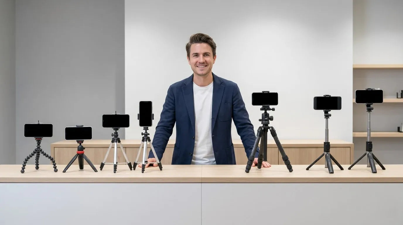 Thomas, expert en design et ergonomie, présente la gamme de trépieds téléphone Bureau Cosy alignés sur un comptoir en bois, avec des smartphones fixés sur chaque modèle professionnel, compact et flexible.