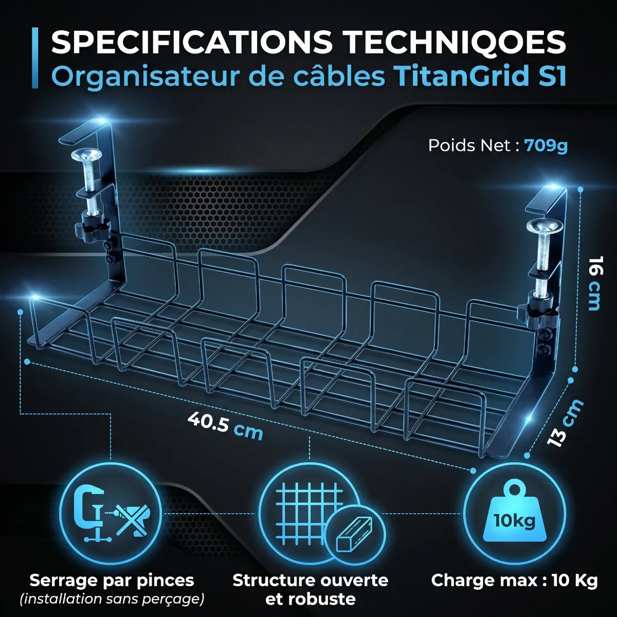 Dimensions précises et spécifications de l'organisateur de câbles TitanGrid S1 : 40.5cm de longueur et charge max 10kg.