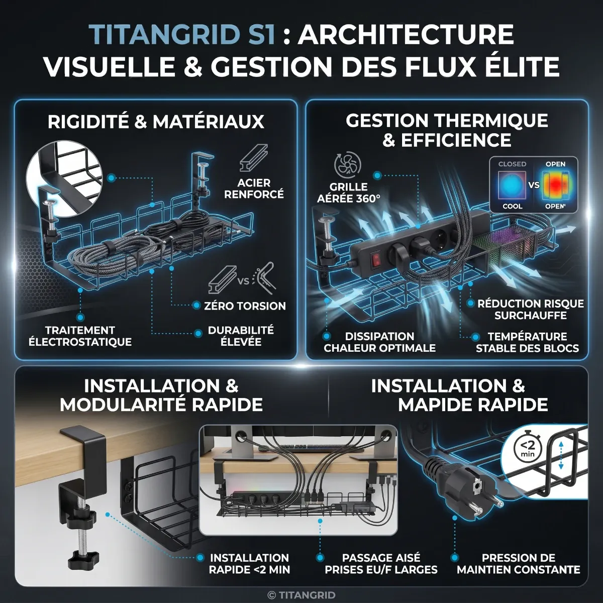 Détails techniques du TitanGrid S1 : dissipation thermique à 360°, rigidité de l'acier carbone et installation sans perçage.