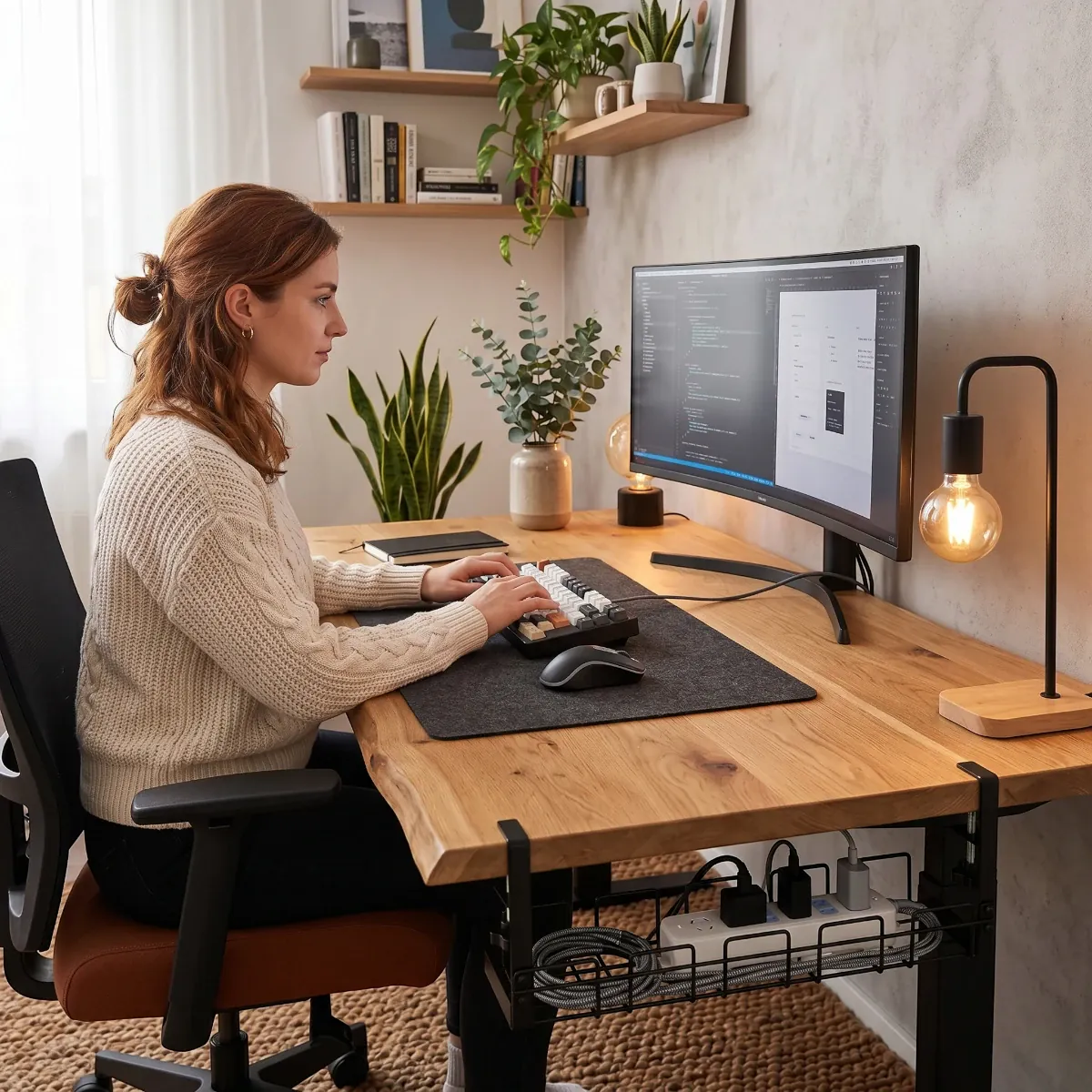 Mise en situation lifestyle de l'organisateur de câbles TitanGrid S1 dans un bureau moderne favorisant le silence visuel.