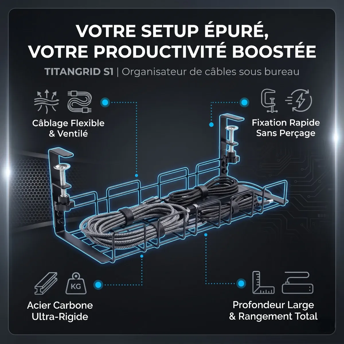 Infographie principale TitanGrid S1 : Acier renforcé noir mat, installation rapide sans perçage et management de flux pro.