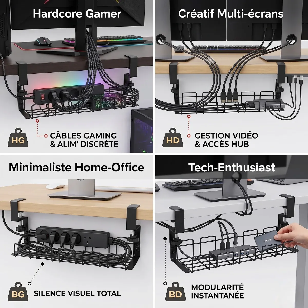 Scénarios d'usage du TitanGrid S1 pour setup hardcore gamer, créatif multi-écrans et minimaliste home-office.