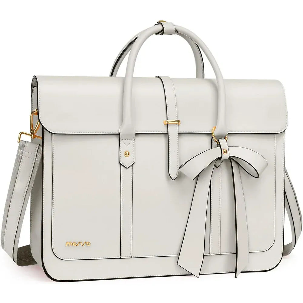 Tote bag ordinateur femme L’Ambitieuse 4-en-1 en cuir PU blanc ivoire avec nœud chic.