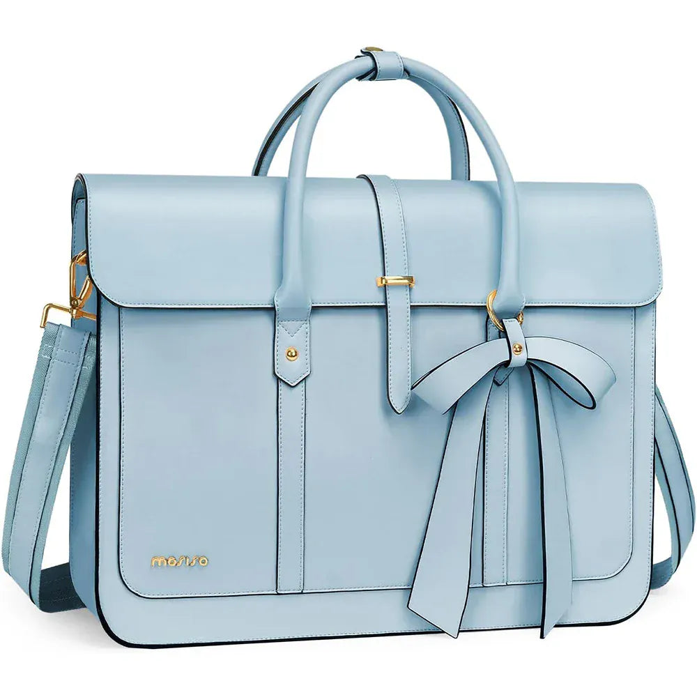 Tote bag ordinateur femme L’Ambitieuse 13 à 16 pouces en cuir PU bleu ciel avec nœud chic.