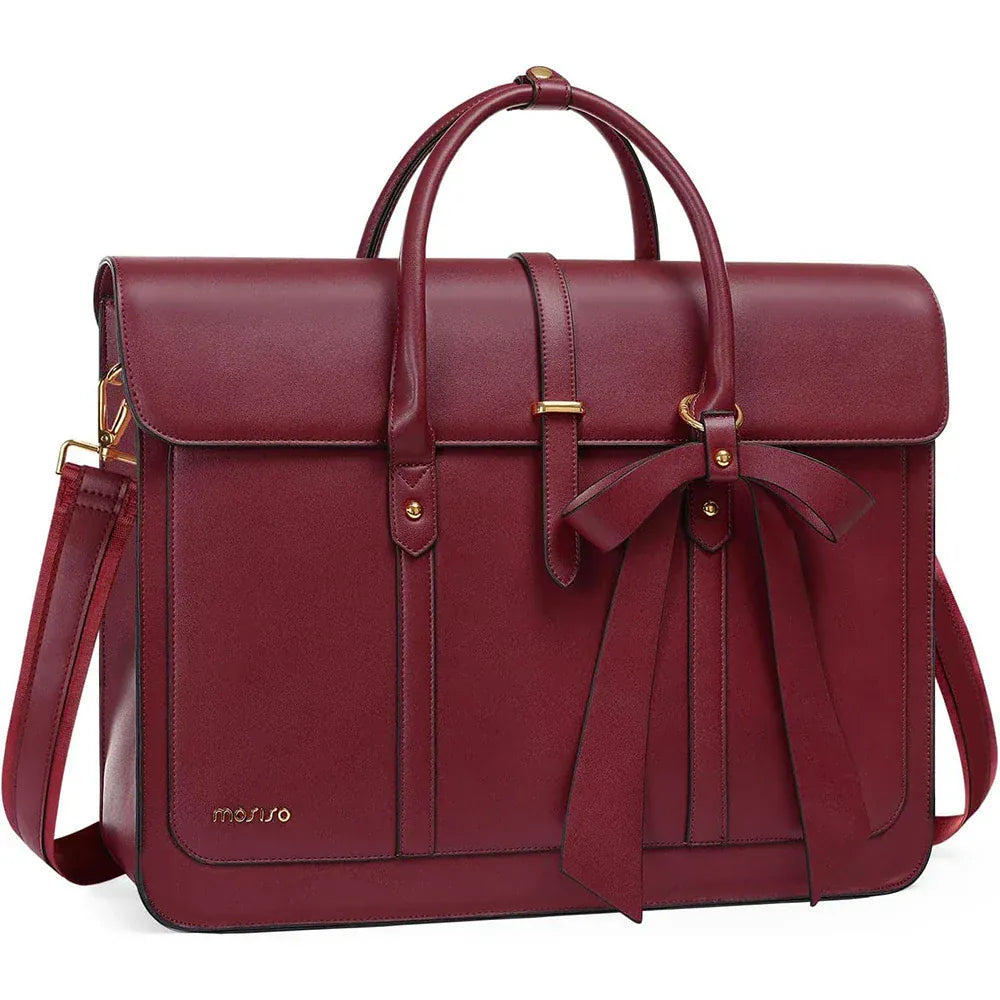 Tote bag ordinateur femme L’Ambitieuse en cuir PU bordeaux élégant avec nœud chic.