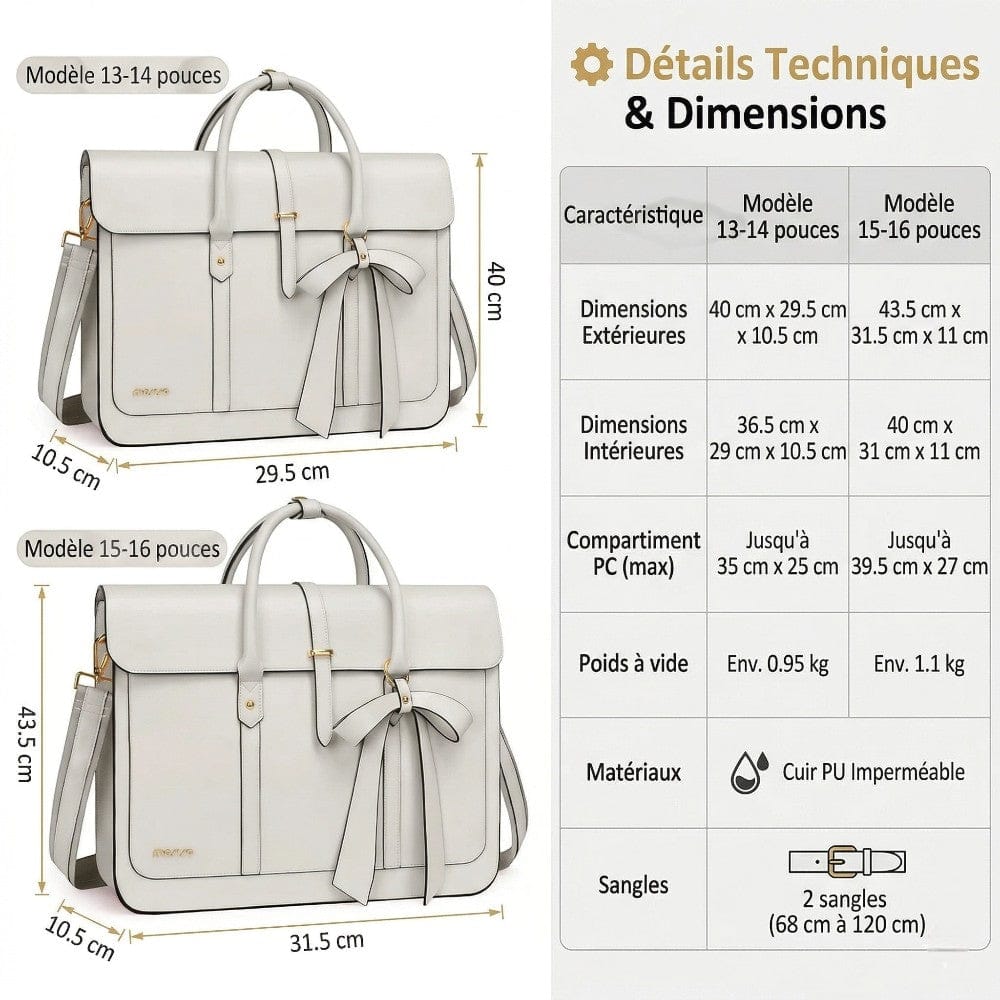Tableau technique détaillé et comparaison visuelle des dimensions des modèles 13-14 pouces et 15-16 pouces du tote bag ordinateur femme L’Ambitieuse.