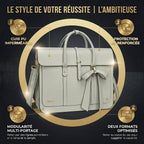 Infographie publicitaire présentant le tote bag ordinateur femme L’Ambitieuse et ses principaux bénéfices : cuir PU imperméable, protection PC, modularité 4-en-1, nœud chic.