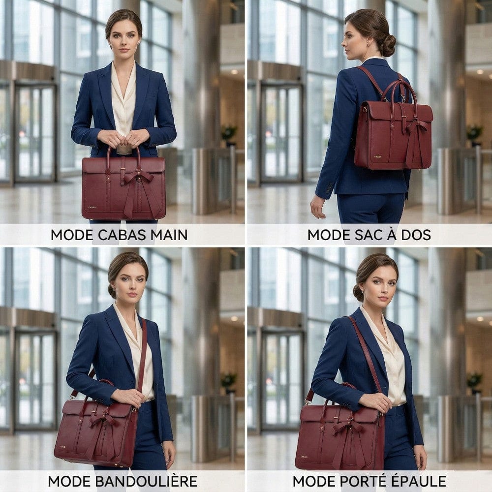 Infographie montrant les 4 modes de portage du tote bag ordinateur femme L’Ambitieuse en cuir PU avec nœud chic : cabas main, sac à dos, bandoulière, porté épaule.