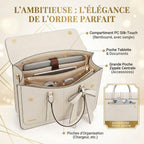 Vue détaillée de l'intérieur organisé du tote bag ordinateur femme L’Ambitieuse, avec compartiments pour PC, tablette, accessoires et poche arrière pour smartphone.