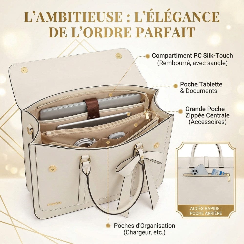 Vue détaillée de l'intérieur organisé du tote bag ordinateur femme L’Ambitieuse, avec compartiments pour PC, tablette, accessoires et poche arrière pour smartphone.