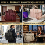 Triptyque illustrant le tote bag ordinateur femme L’Ambitieuse dans différents contextes : bureau, café, trajets, soirée, soulignant son élégance polyvalente.