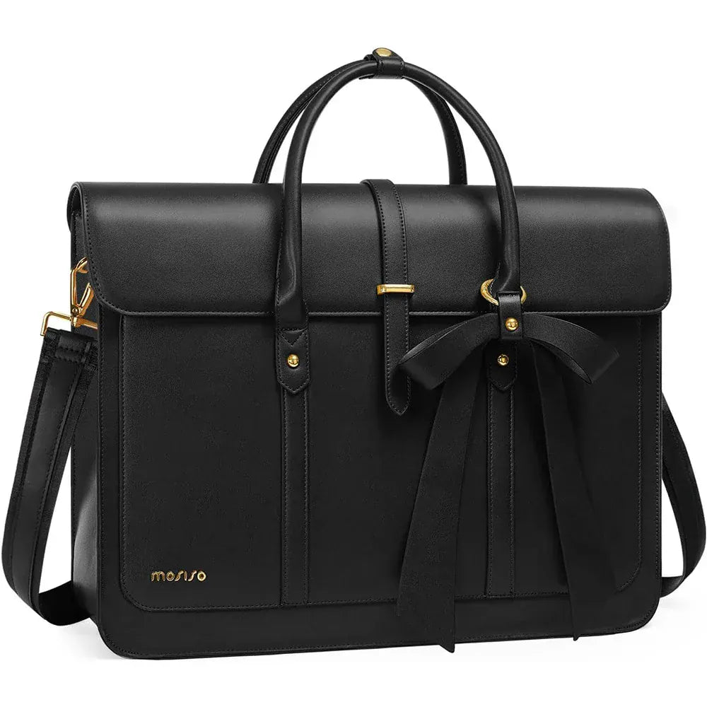 Sac ordinateur femme chic L’Ambitieuse 4-en-1 en cuir PU noir avec finitions dorées.