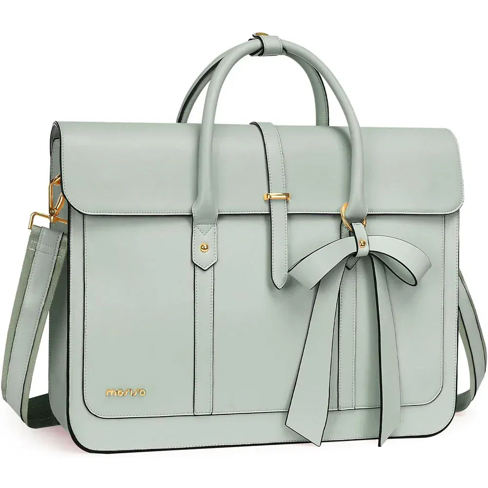 Sac à main ordinateur femme L’Ambitieuse en cuir PU vert eau pastel avec nœud décoratif.