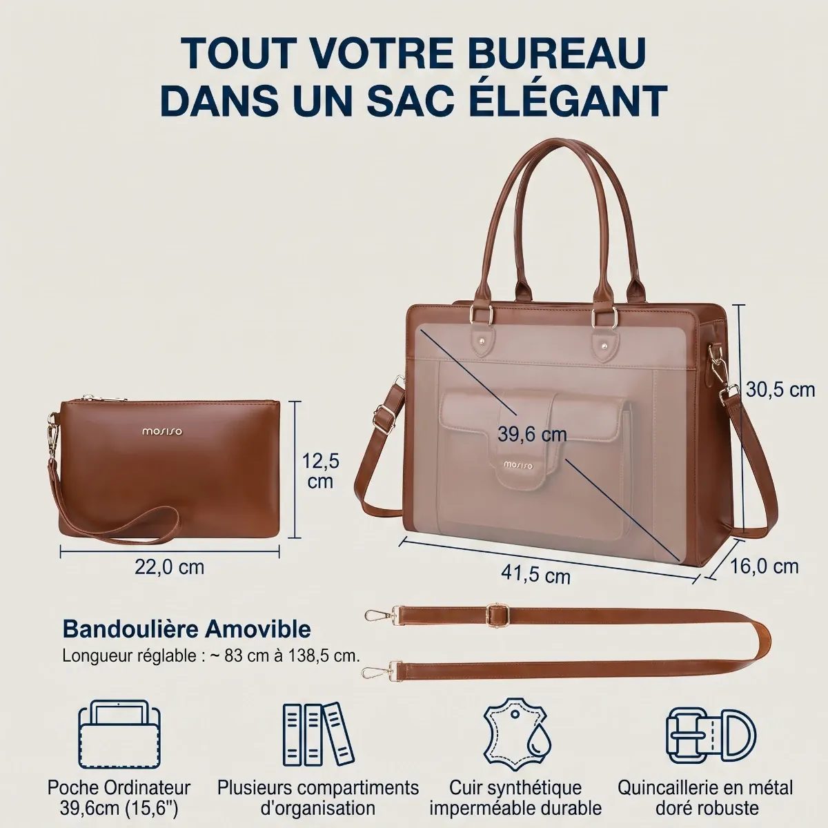 Schéma technique des dimensions en cm et caractéristiques du tote bag ordinateur femme Duora