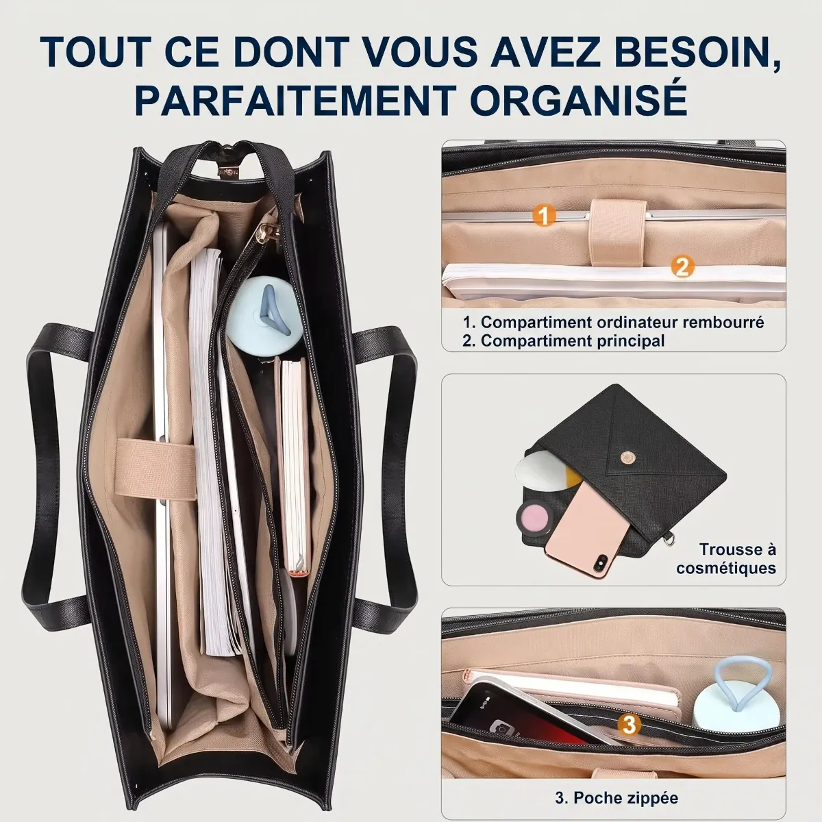 Vue du dessus des compartiments intérieurs organisés du tote bag ordinateur femme Envolia