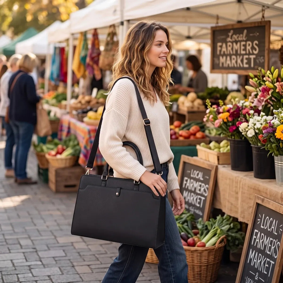 Femme élégante portant le tote bag ordinateur femme Kalea en ville