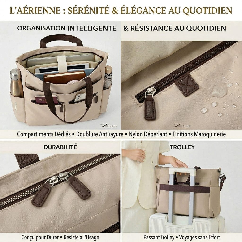 Composition visuelle détaillant les caractéristiques du tote bag ordinateur femme L'Aérienne 15" : intérieur organisé, nylon déperlant, durabilité, et passant trolley.