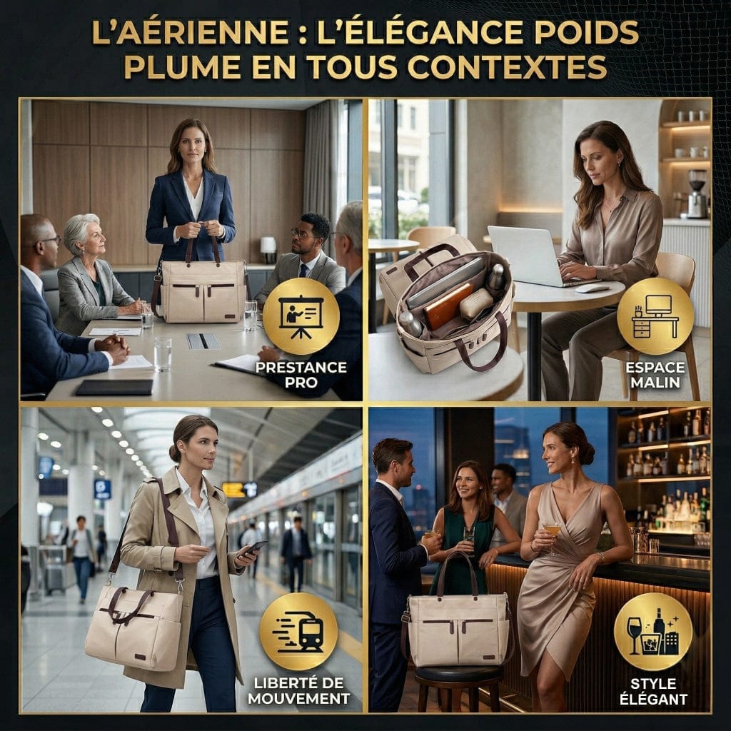 Composition en quatre panneaux illustrant les scénarios d'utilisation quotidienne du tote bag ordinateur femme L'Aérienne 15" : réunion, café, transports et soirée.