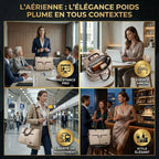 Composition en quatre panneaux illustrant les scénarios d'utilisation quotidienne du tote bag ordinateur femme L'Aérienne 15" : réunion, café, transports et soirée.