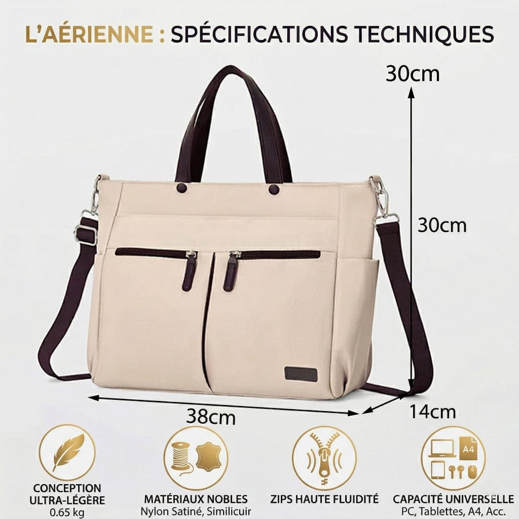 Guide des dimensions techniques du tote bag ordinateur femme L'Aérienne 15", incluant largeur (38cm), hauteur (30cm), profondeur (14cm) et icônes techniques.