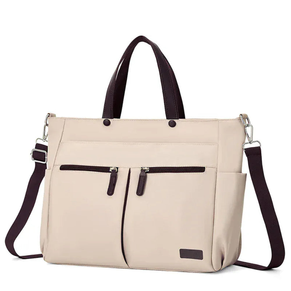 Tote bag ordinateur femme L'Aérienne 15" nylon chic ultra léger, vue de face extérieure, beige avec poignées et bandoulière marron, sur fond blanc. 