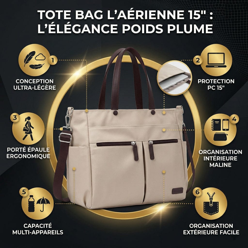 Infographie commerciale mettant en avant les six bénéfices clés du tote bag ordinateur femme L'Aérienne 15", de la légèreté à l'organisation.