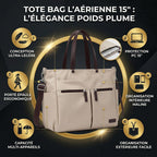 Infographie commerciale mettant en avant les six bénéfices clés du tote bag ordinateur femme L'Aérienne 15", de la légèreté à l'organisation.