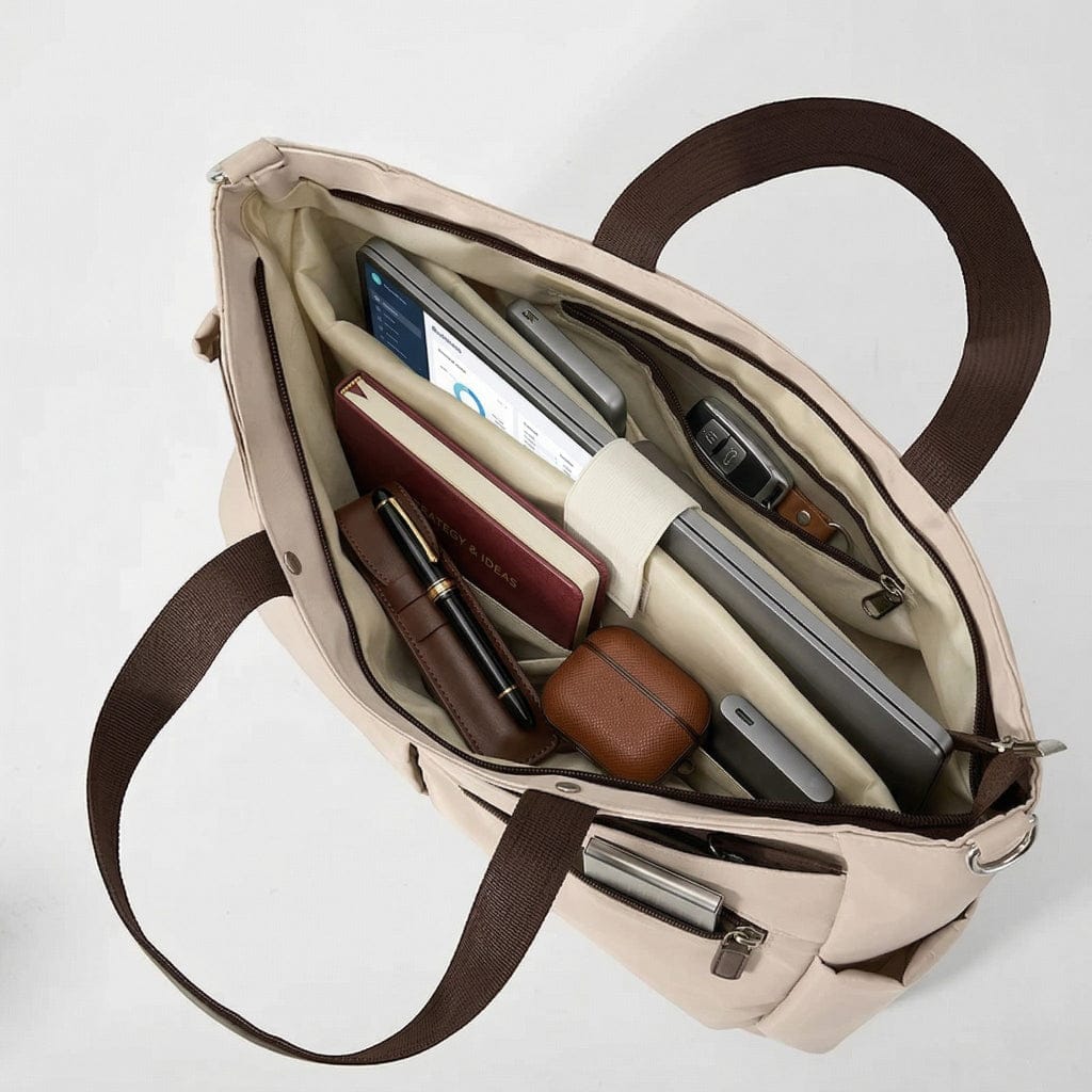 Vue de dessus de l'intérieur ouvert du tote bag ordinateur femme L'Aérienne 15", rempli d'un ordinateur portable, d'une tablette, d'un livre et d'accessoires.