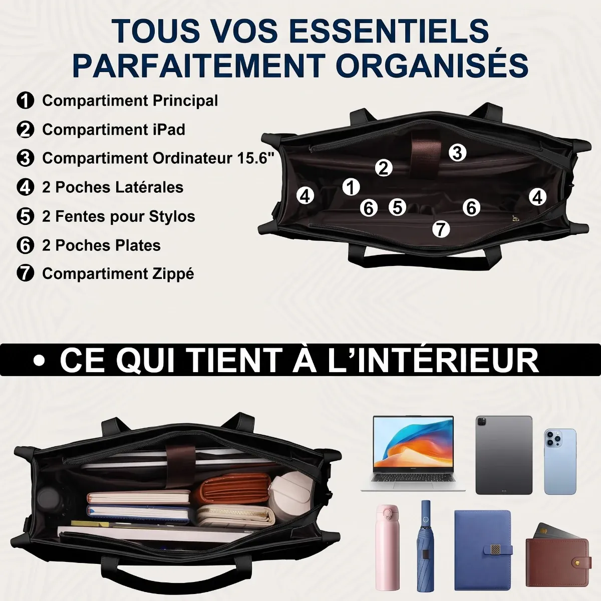 Vue de l'intérieur compartimenté du tote bag ordinateur femme Matelya avec PC 15.6 pouces