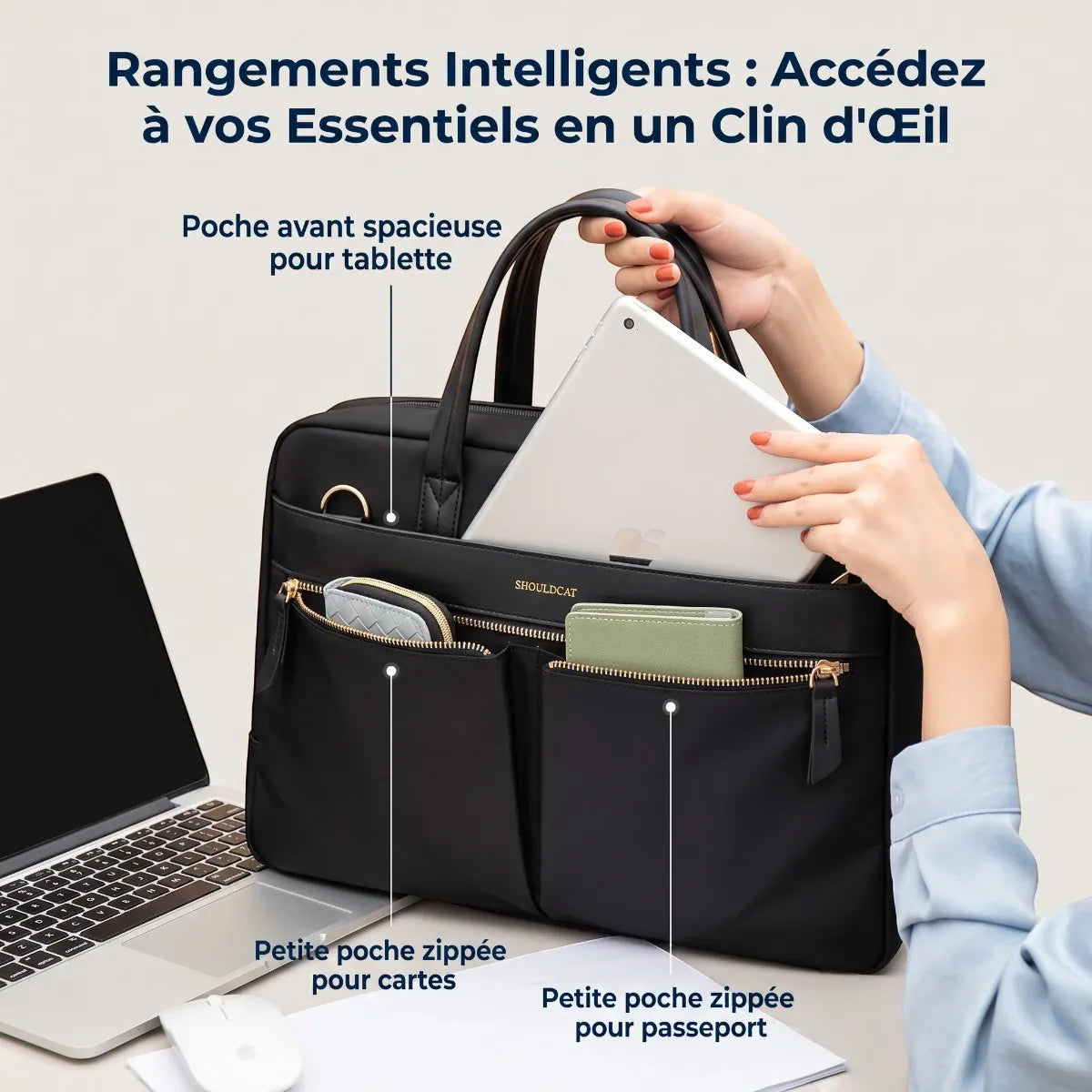 Accès rapide aux poches frontales du tote bag ordinateur femme Sérénia