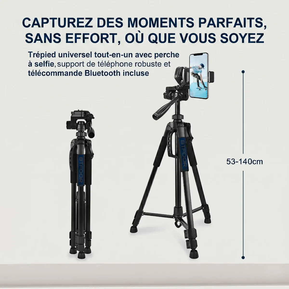 Comparatif Trepied Horizon pro replié vs ouvert avec smartphone et plage de hauteur 53-140cm