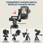 Infographie technique Trepied Horizon pro montrant la rotation de tête, l'extension et divers angles de vue