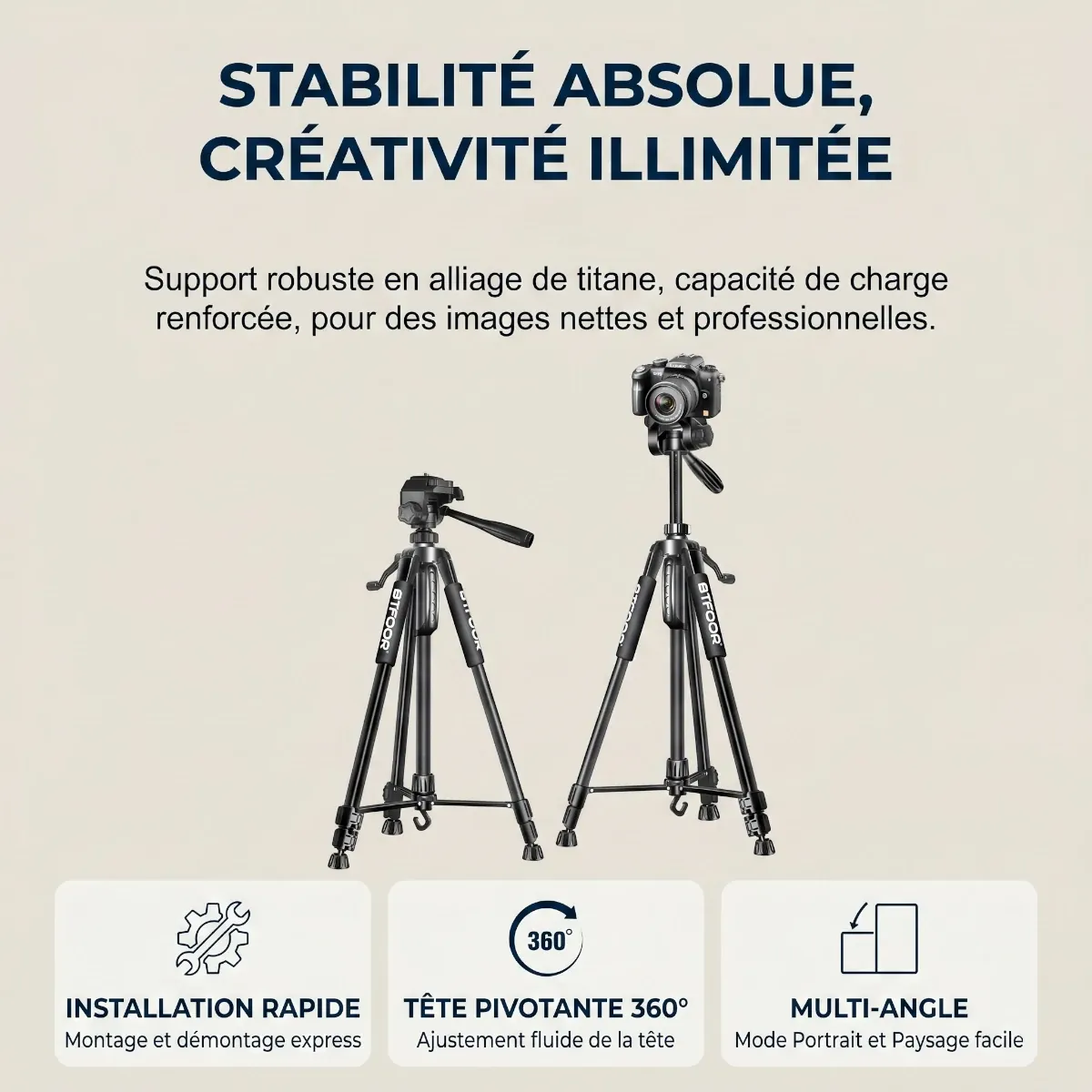 Infographie principale Trepied Horizon pro illustrant la stabilité absolue et créativité illimitée