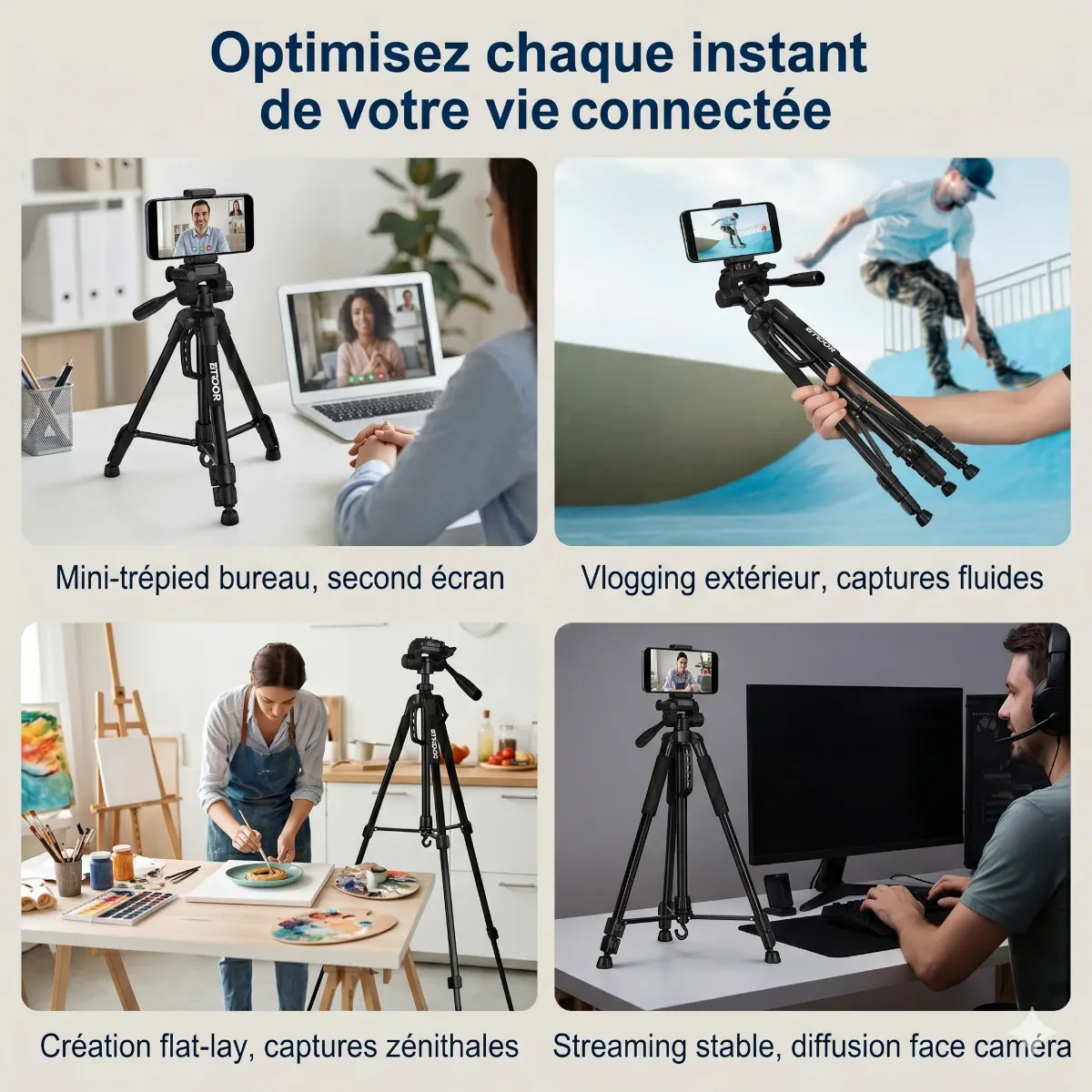 Mosaïque d'exemples d'utilisation du Trepied Horizon pro pour le bureau, le vlog, l'art et le streaming