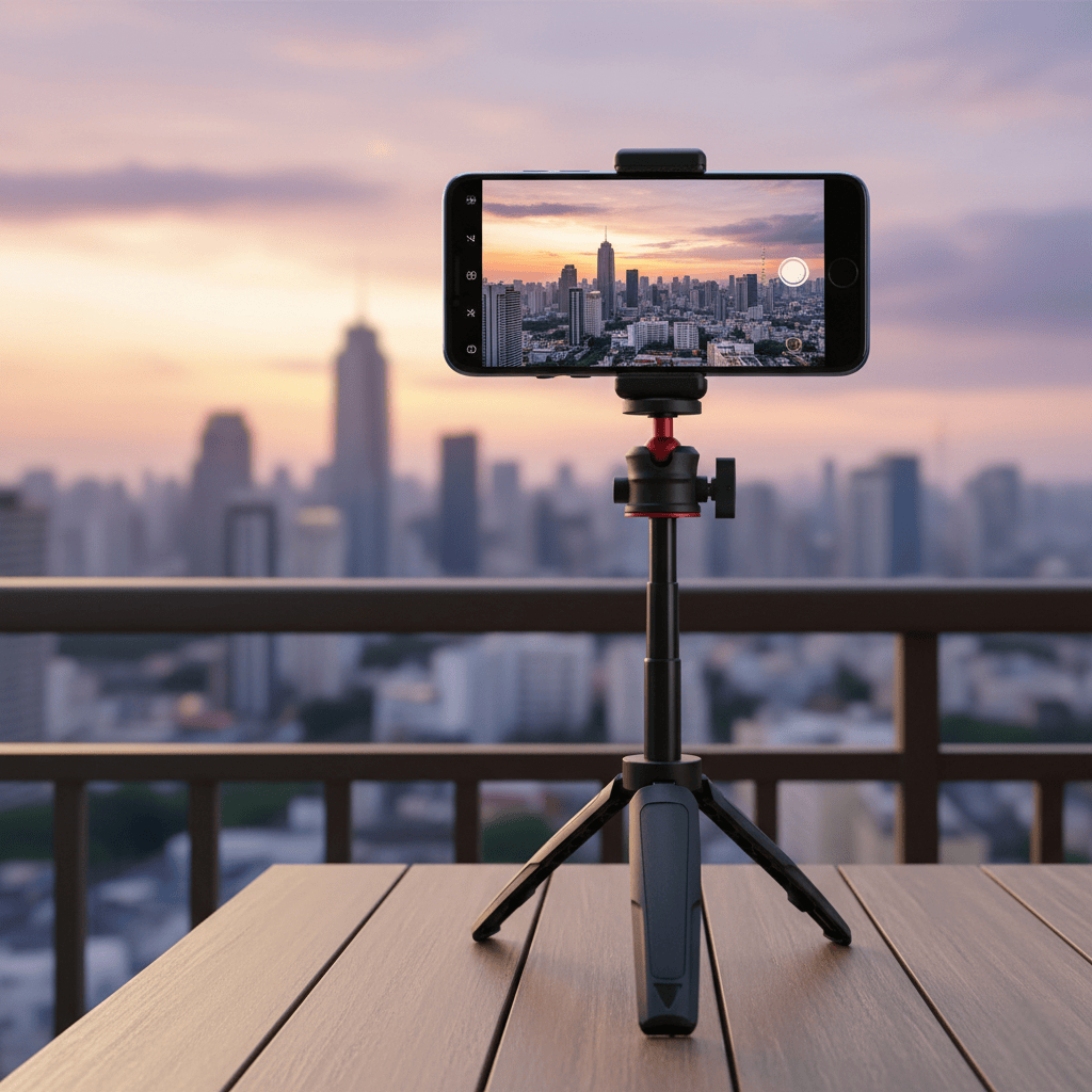 Mini trépied compact pour smartphone capturant photo de coucher de soleil sur skyline urbain, idéal pour photographie mobile et time-lapse