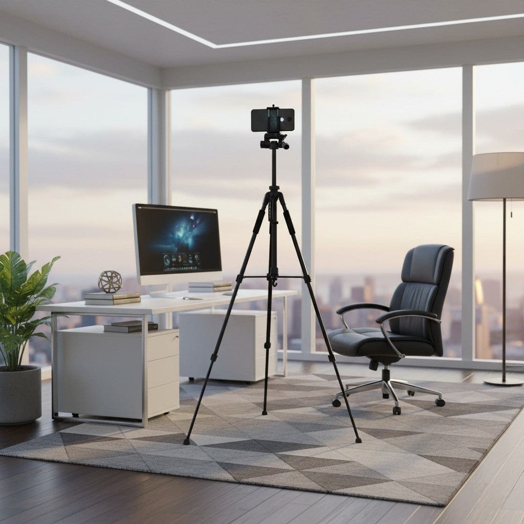 Trépied professionnel réglable en hauteur avec smartphone dans bureau moderne avec vue panoramique, idéal pour visioconférences et création de contenu