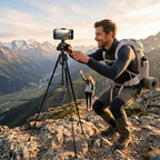 Homme utilisant le trépied smartphone Horizon pro lors d'une randonnée en montagne