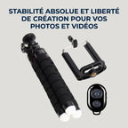 Trépied téléphone CosyPod Flex Mini démonté avec sa pince universelle et sa télécommande, promesse de stabilité absolue.