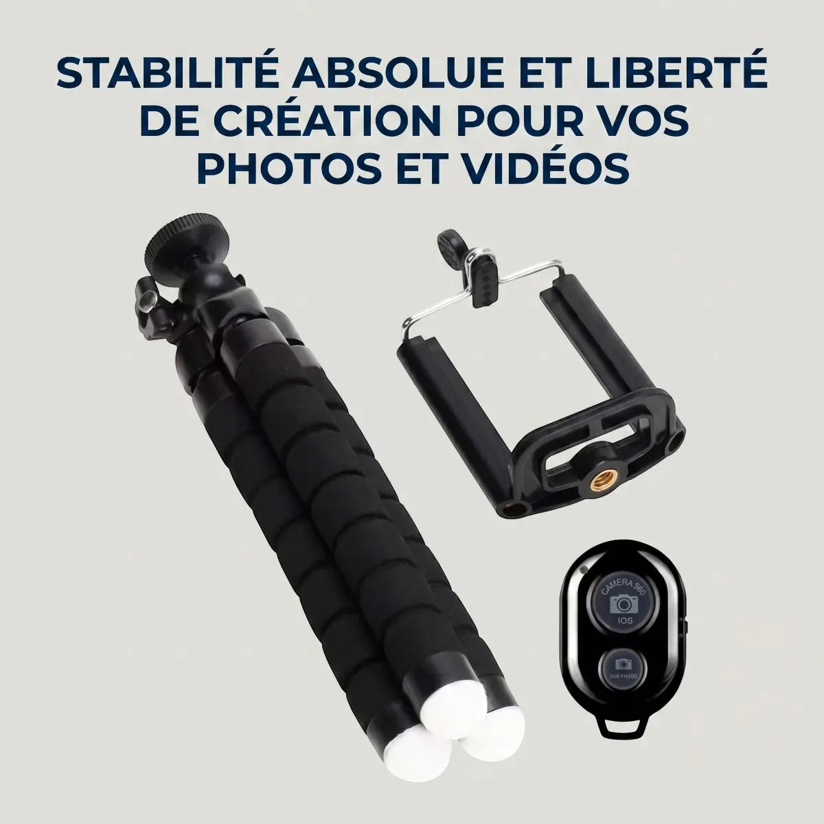 Trépied téléphone CosyPod Flex Mini démonté avec sa pince universelle et sa télécommande, promesse de stabilité absolue.
