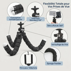 Détails techniques du trépied téléphone CosyPod Flex Mini : conception antidérapante, tête à rotule 360 et interface standard 1/4.