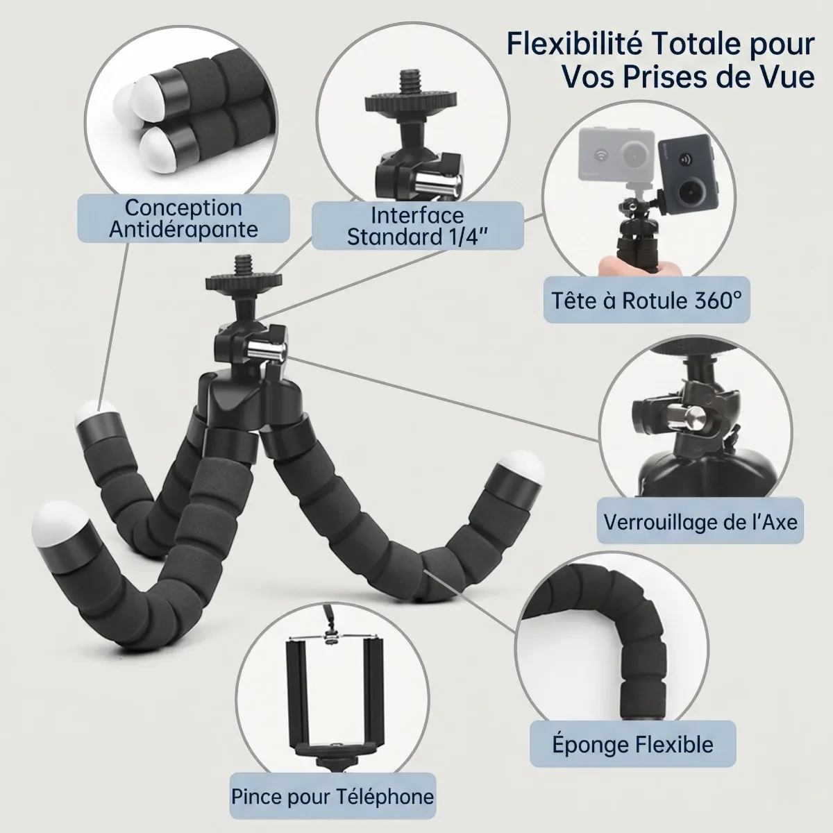 Détails techniques du trépied téléphone CosyPod Flex Mini : conception antidérapante, tête à rotule 360 et interface standard 1/4.