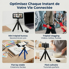 Quatre cas d'usage du trépied téléphone CosyPod Flex Mini : bureau, vlogging, création artistique flat-lay et tutoriel culinaire.