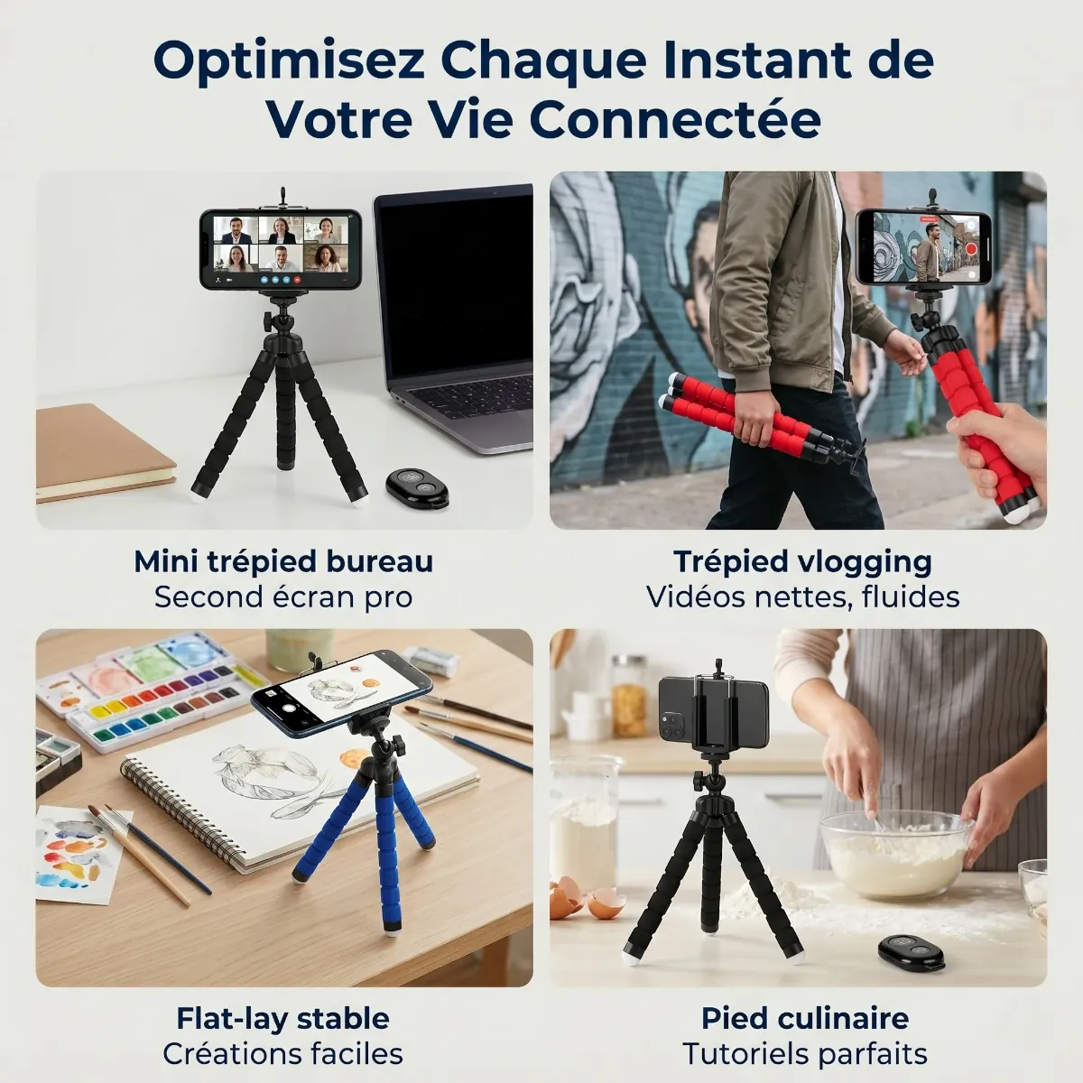 Quatre cas d'usage du trépied téléphone CosyPod Flex Mini : bureau, vlogging, création artistique flat-lay et tutoriel culinaire.