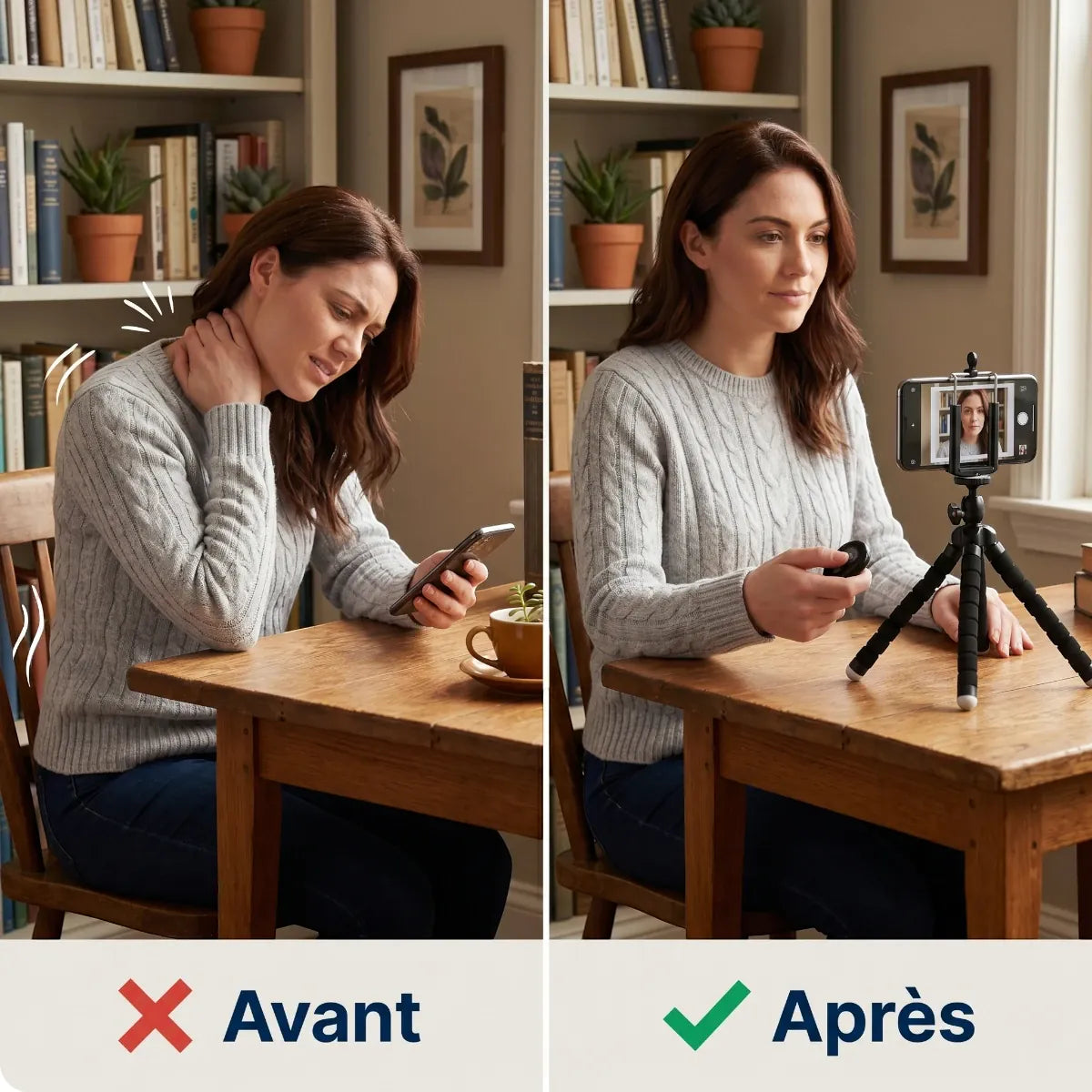 Avant/après utilisation du trépied téléphone CosyPod Flex Mini : correction de la posture et soulagement des cervicales.